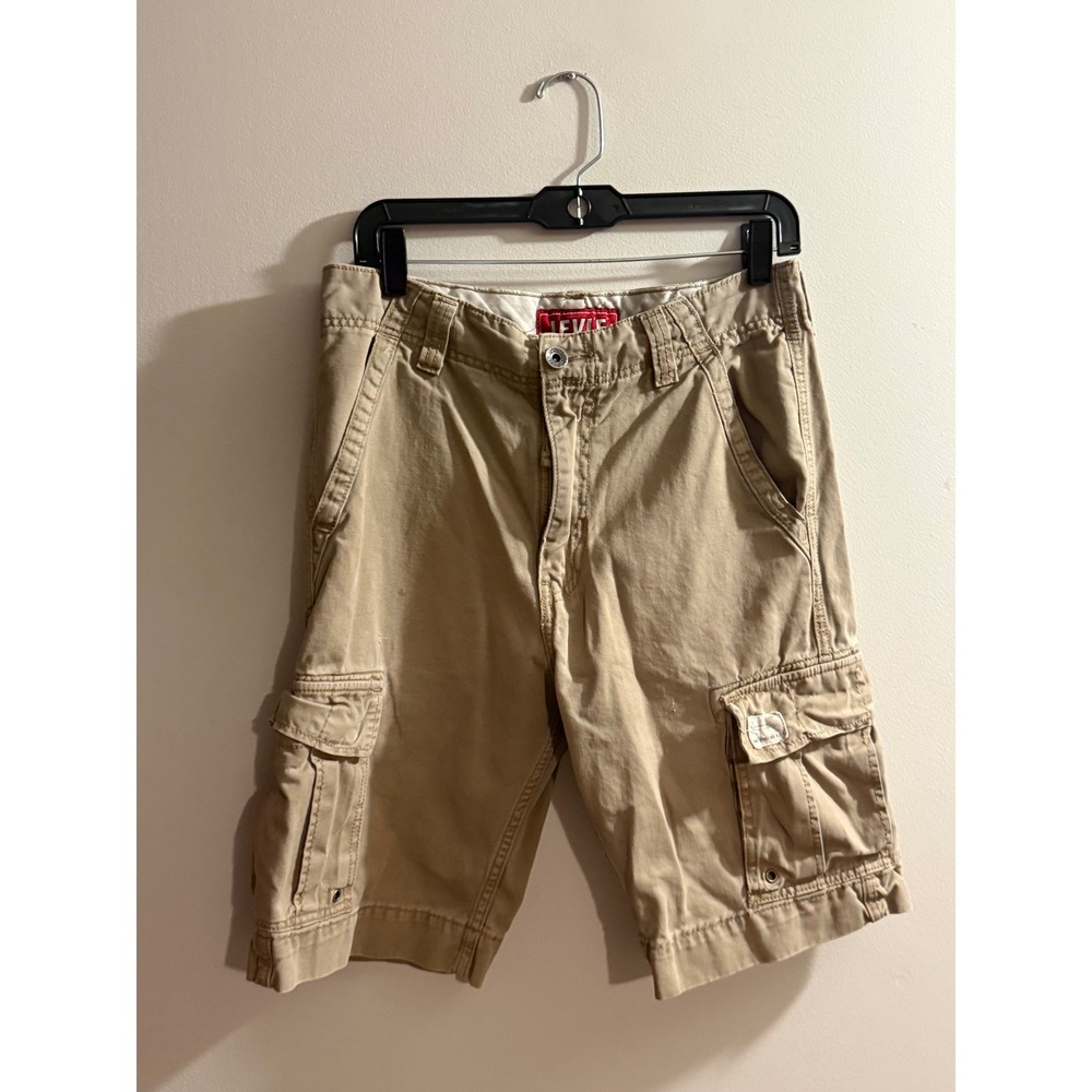 Levis Mens Tan Khaki Cotton Cargo Shorts W30 Y2K Multi Pocket Casual Twill